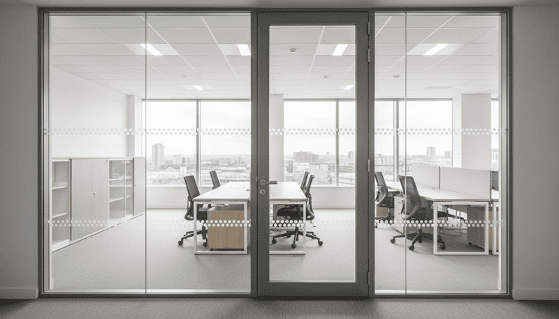 Glass doors with dual safety manifestation bands in a UK office.